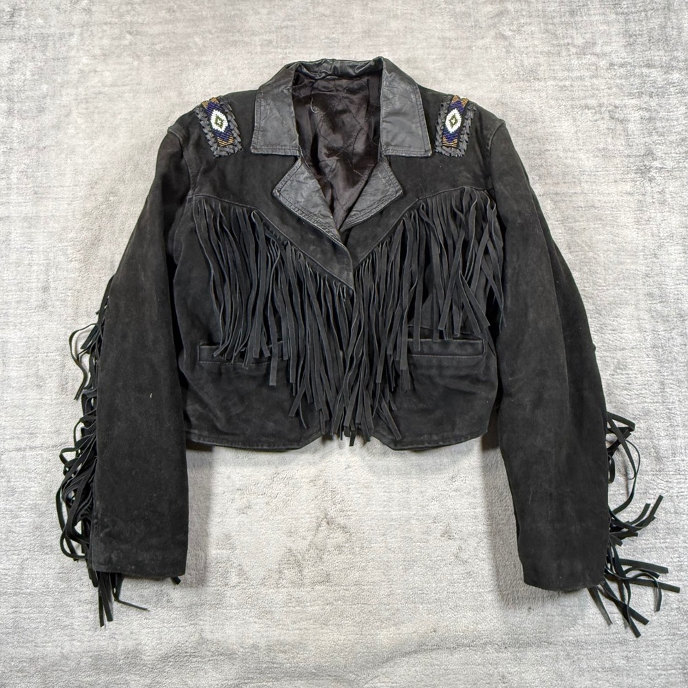 Vintage Fringe Jacket Womens XL Black Suede Genuine Leather Beaded Western Crop